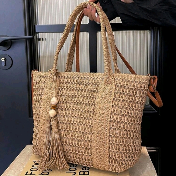 Fashionable Casual Woven Tote Bag, Large Solid Color Shoulder Bag With Tassel De - Picture 1 of 5